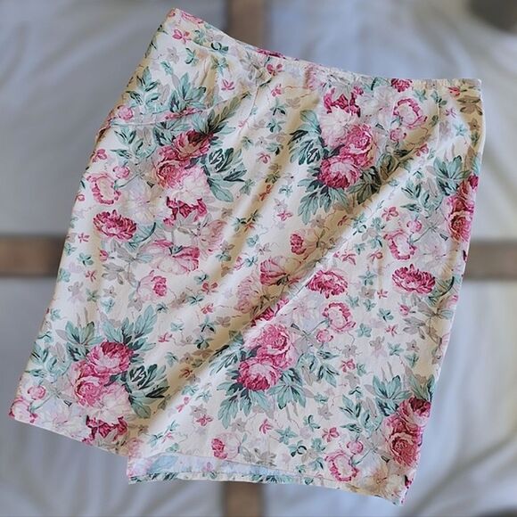 Vtg 90s LRL silk ecru floral wrap skirt - Picture 5 of 14